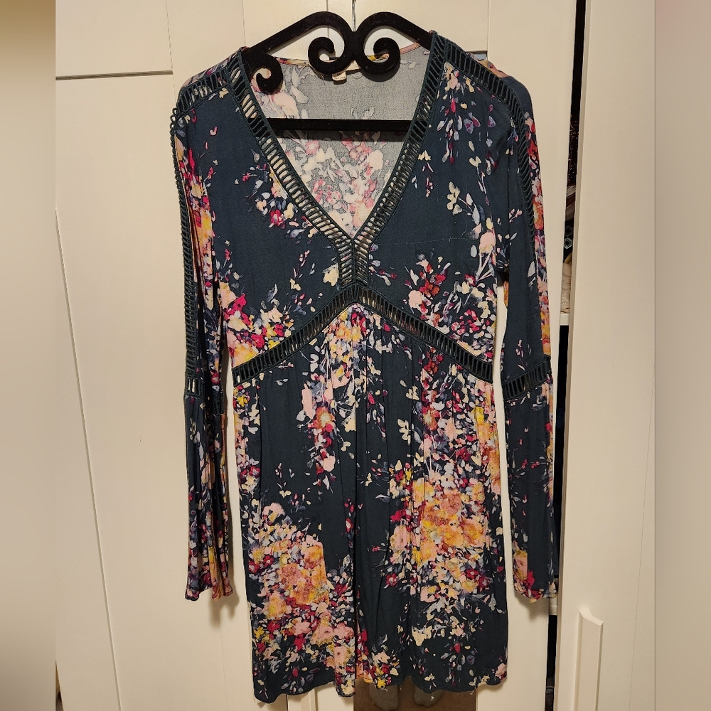 Lovestitch Calliope Green Long Bell Sleeve Floral Cut Out Dress